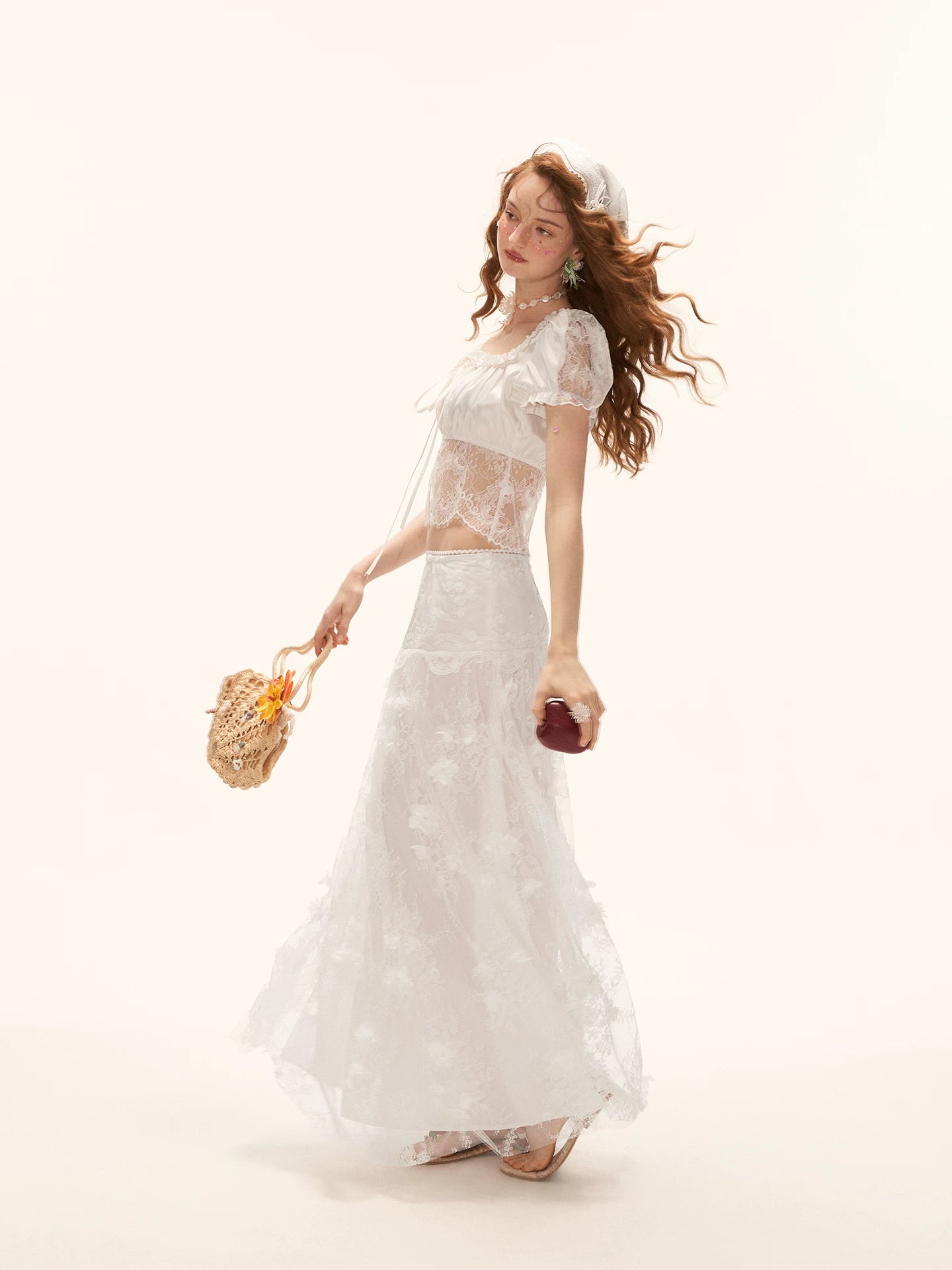 "French Lace Mood" Square Neck Puff Sleeve Top WE953