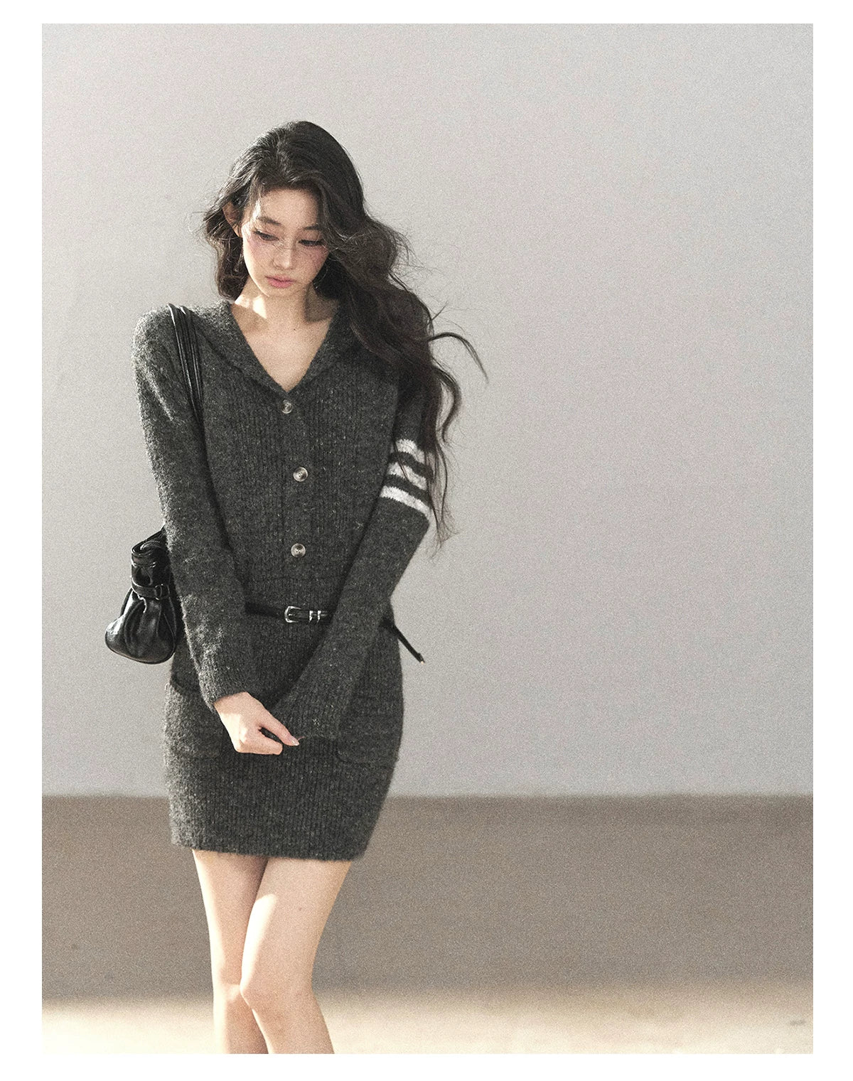 AOMALM - Whale Gray Hooded Faux-Two-Piece Knit Dress with Belt