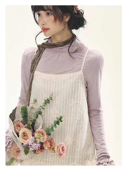 "Ivory Blossoms" Apricot Mist Beige Floral Pinafore Midi Dress