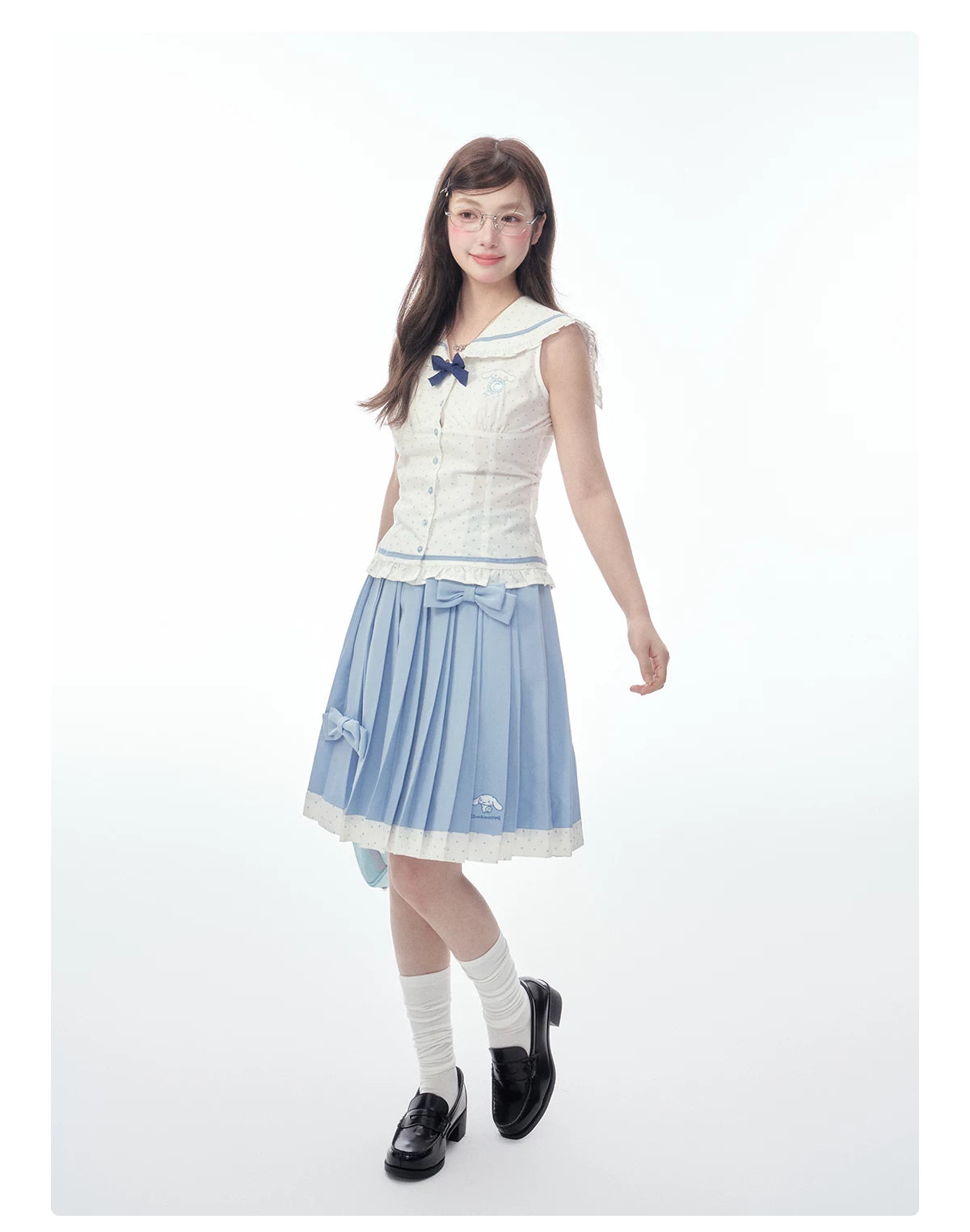 Sleeveless Polka Dot Sailor Collar Shirt & Light Blue Contrast-Trim Skirt