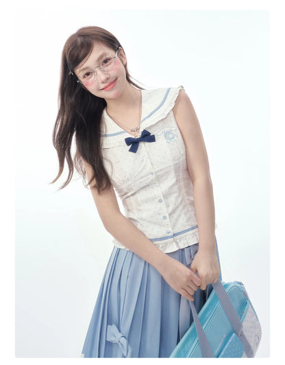 Sleeveless Polka Dot Sailor Collar Shirt & Light Blue Contrast-Trim Skirt