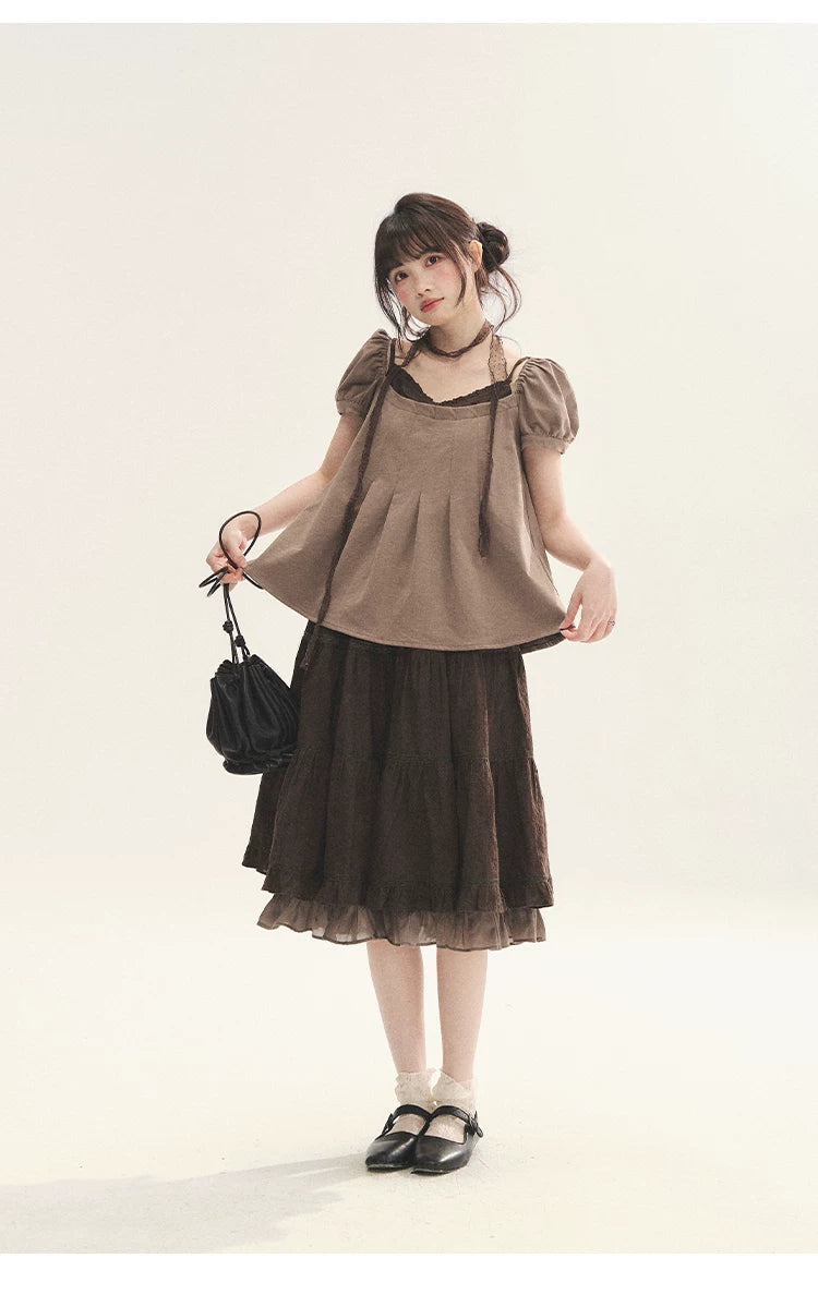 "Tea Brown Reverie" Tea Brown Off-Shoulder Puff Sleeve Knit Top