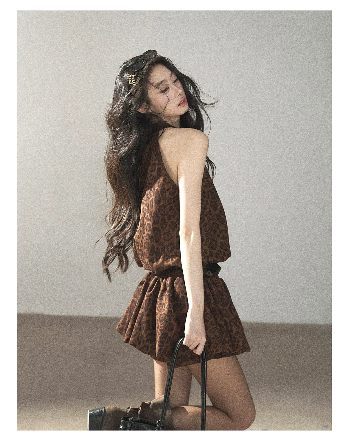 AOMALM - Merlot Leopard Print Bubble Sleeve Dress with Vintage Belt