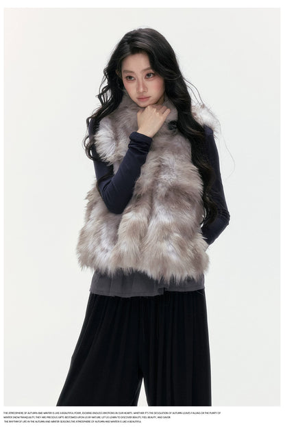 24olvides - Faux Fur Vest with Stand Collar and Toggle Closures (Creamy Leopard Print / Blue-Gray)