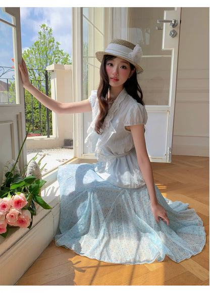 “Blue Breeze Sonata” Blue Ruffle Lace Blouse