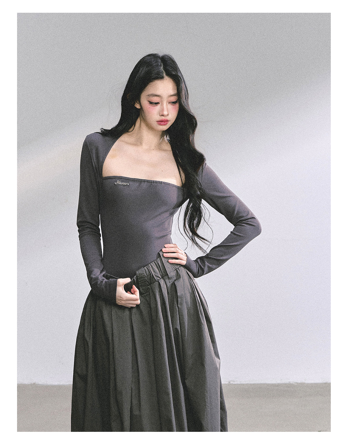 少也眼 "K-Show Muse" Elegant French Hepburn Long-Sleeve Dress - Gray 47867864