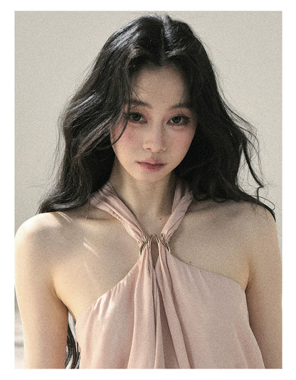 "Soft Luminous Glow" Misty Pink Halter Top & High-Waisted Skort Two-Piece Set