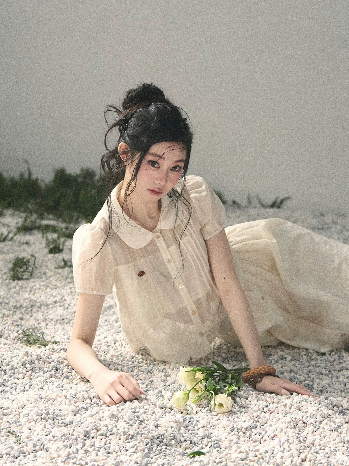 "Apricot Blossom After Rain" Dutch Cheese Lace Blouse & Maxi Skirt Set 532453