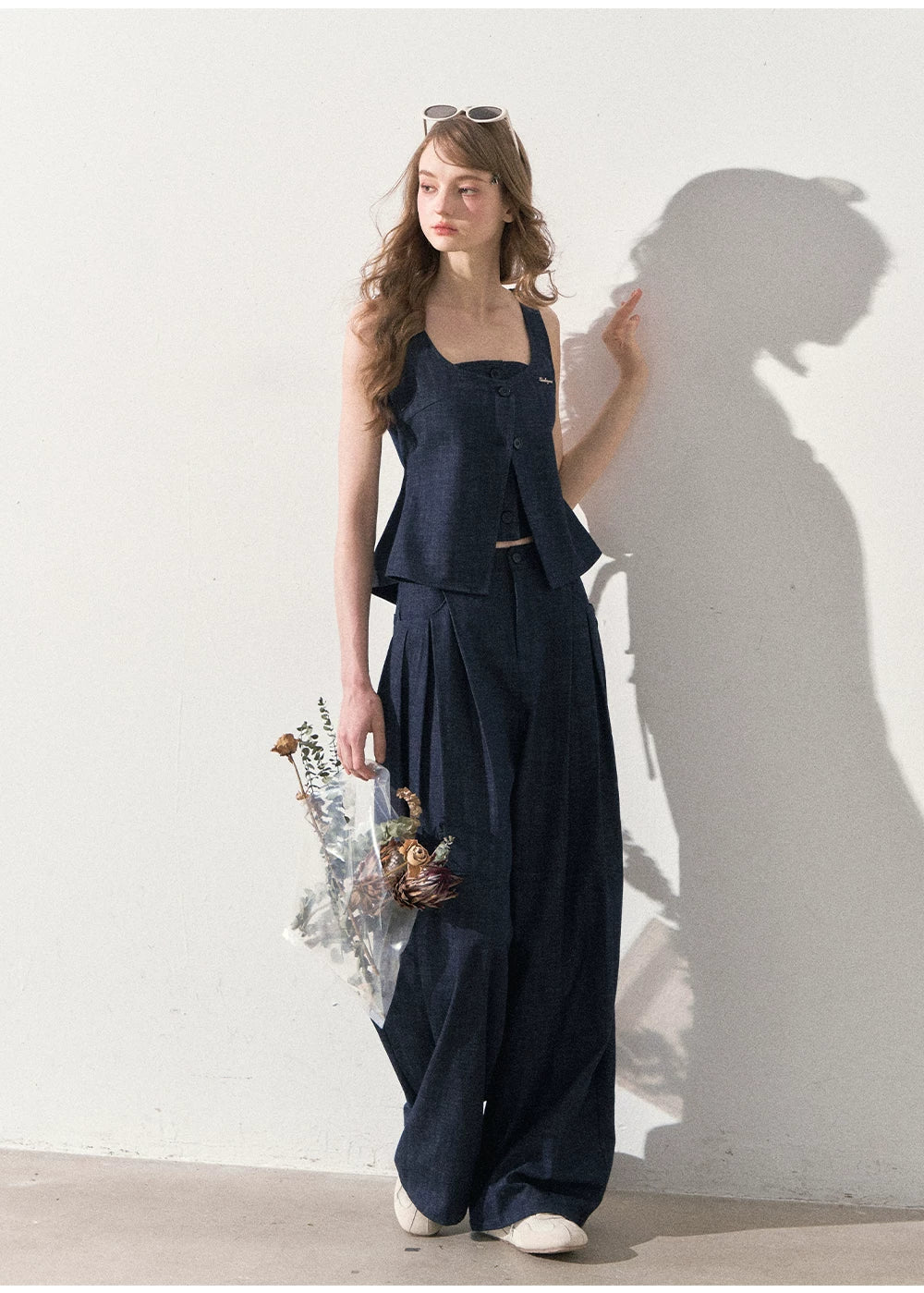 "Season of Ease" Vintage Navy Faux Denim Vest & Wide-Leg Pants Set
