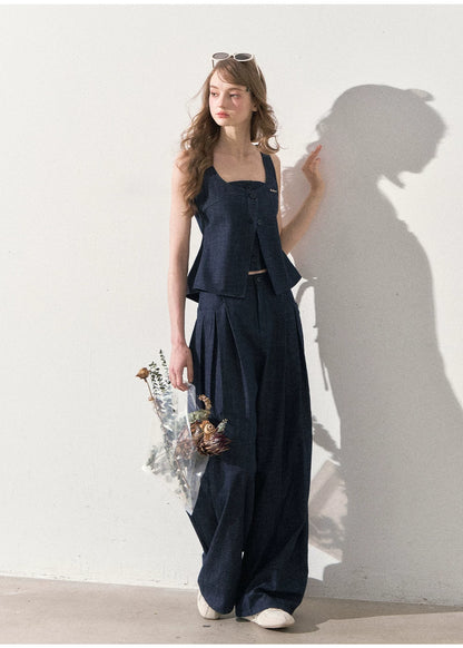 "Season of Ease" Vintage Navy Faux Denim Vest & Wide-Leg Pants Set