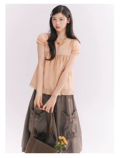 “Orange Soda” Seashell Orange Mesh Panel Puff Sleeve Top