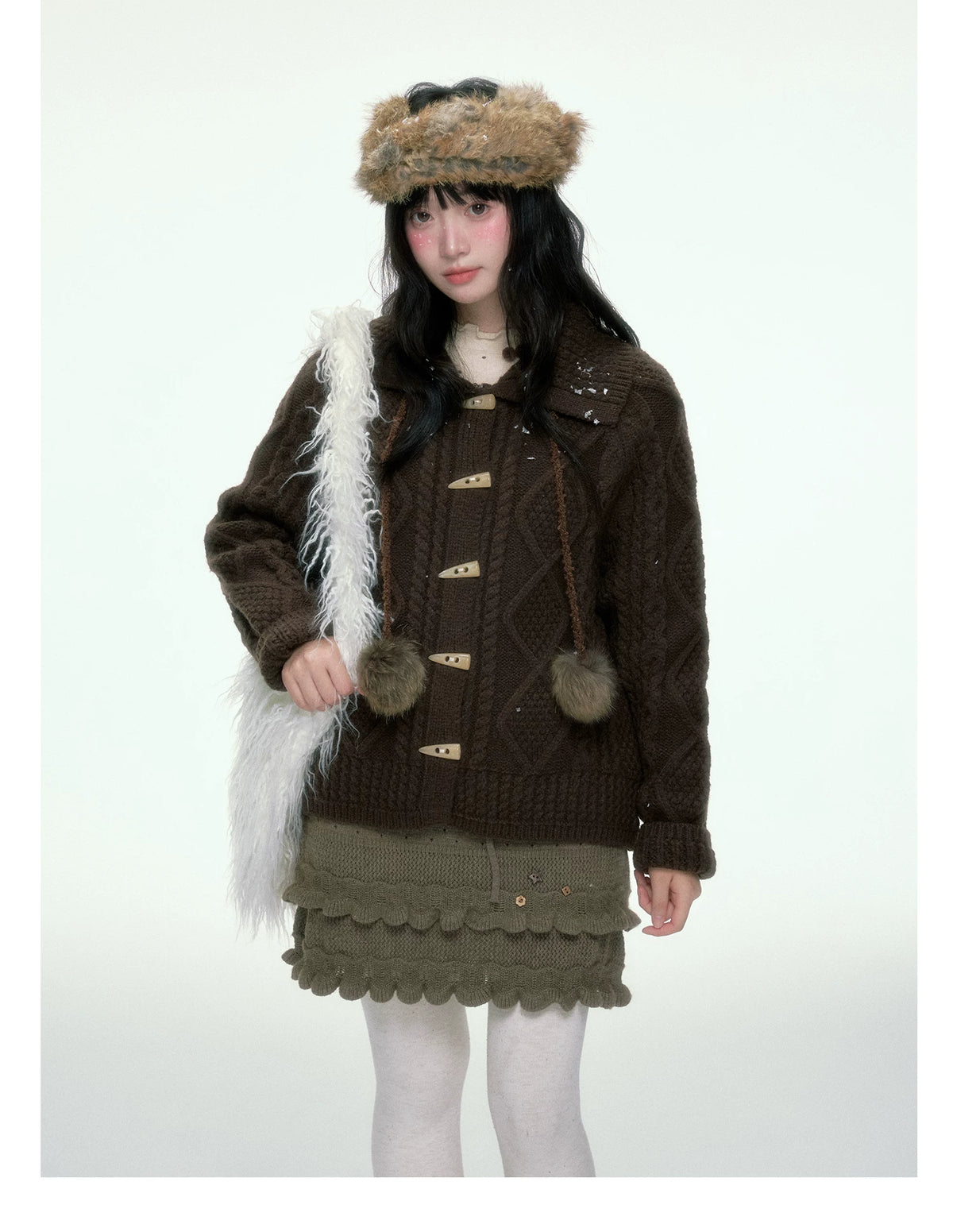 BIBIBENCY - Brown Cable-Knit Cardigan with Toggle Closures