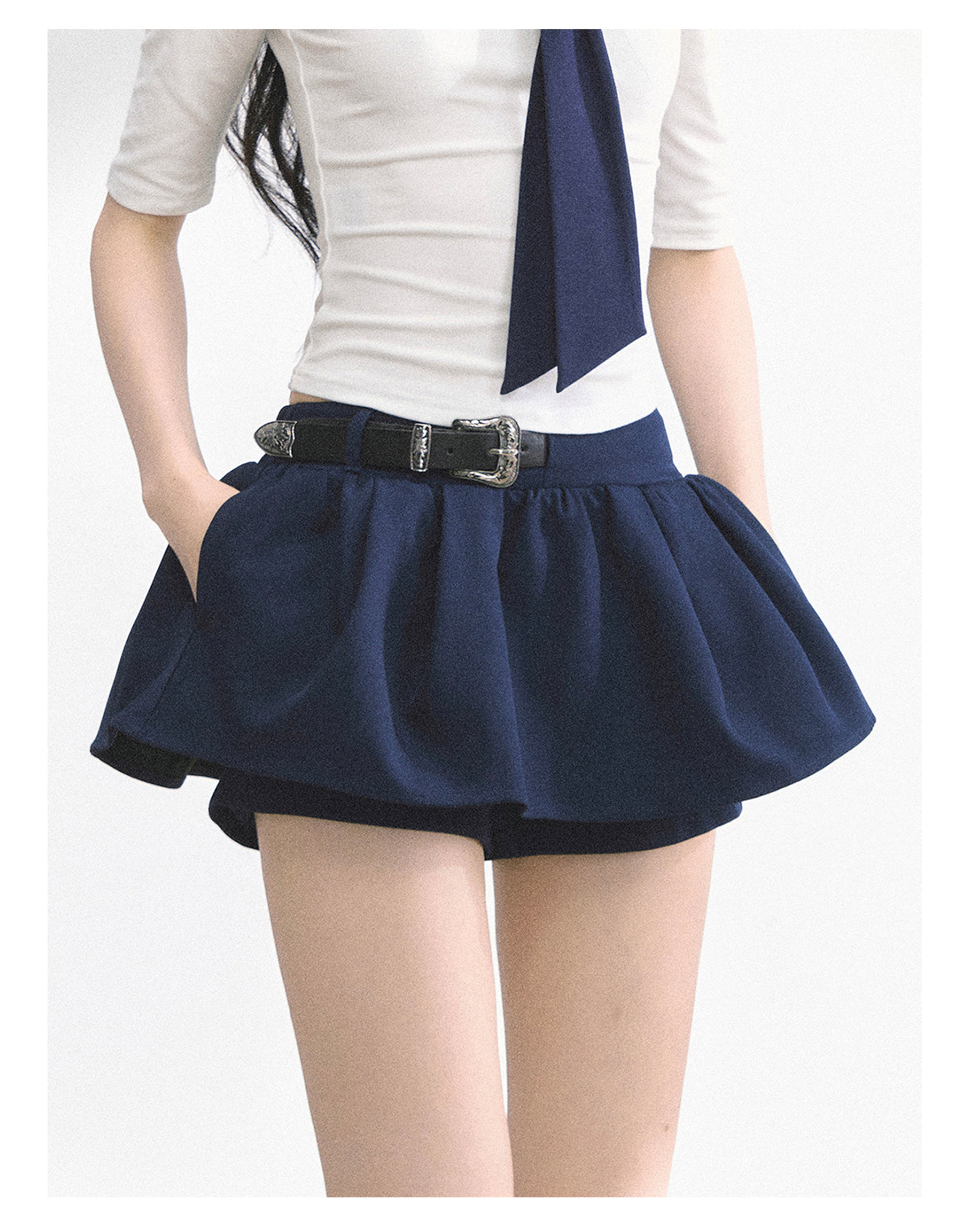 少也眼 "Annie Academy" A-Line Puff Mini Skirt - Navy Blue