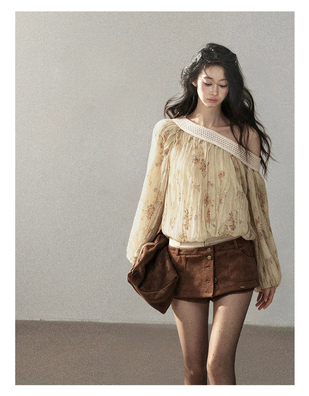 AOMALM - "Laurel's Sigh" Amber Yellow French-Inspired Asymmetrical Shoulder Floral Chiffon Blouse