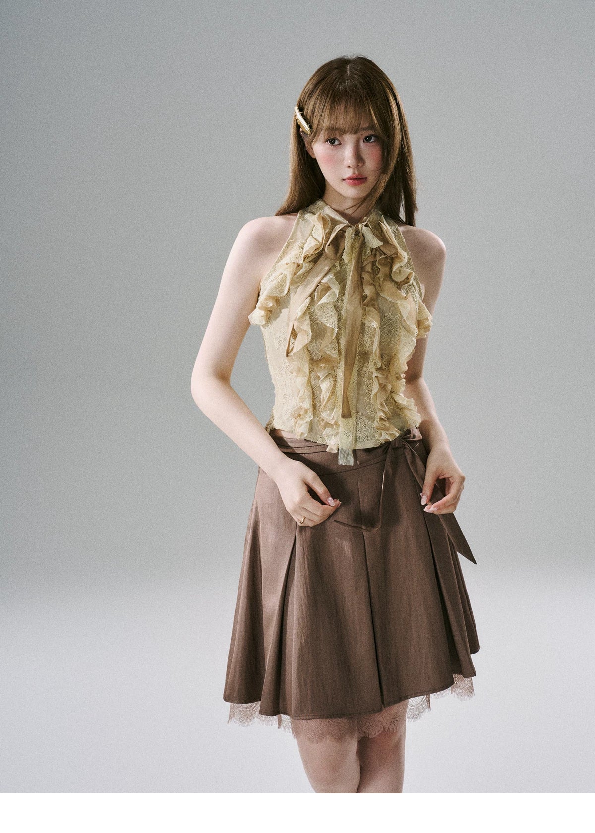 LOST FOREST - Satin Lace Midi Skirt with Bow Detail (Red-Brown / Deep Black)