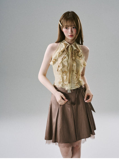 LOST FOREST - Satin Lace Midi Skirt with Bow Detail (Red-Brown / Deep Black)