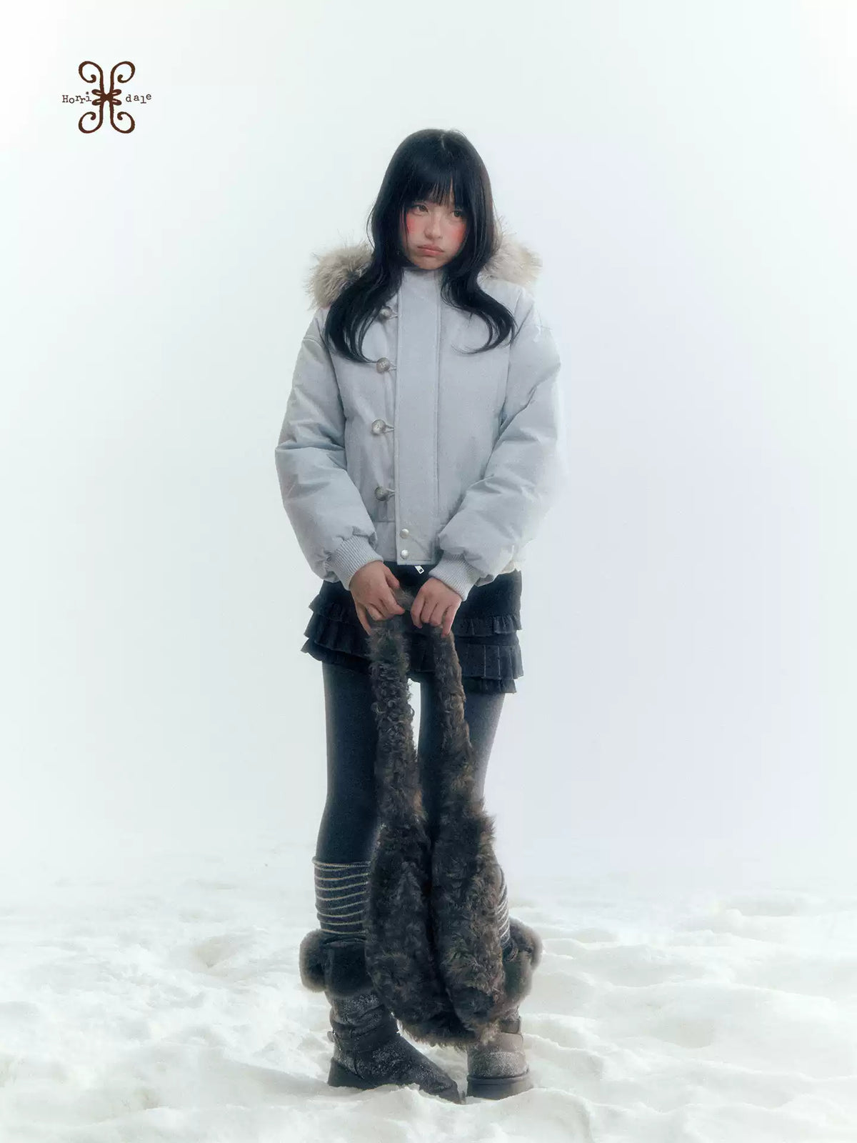 Horridale - Mist Blue Hooded Down Jacket with Detachable Faux Fur Collar