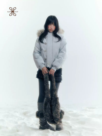 Horridale - Mist Blue Hooded Down Jacket with Detachable Faux Fur Collar