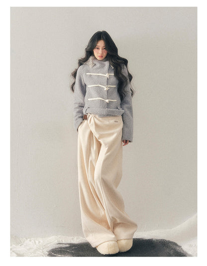 少也眼 "Silent Devotion" Quilted Fringe Wool Coat - Mist Blue
