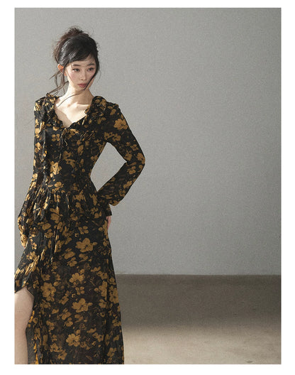 AOMALM - Black & Golden Brown Floral Ruffle Maxi Dress with High Side Slit
