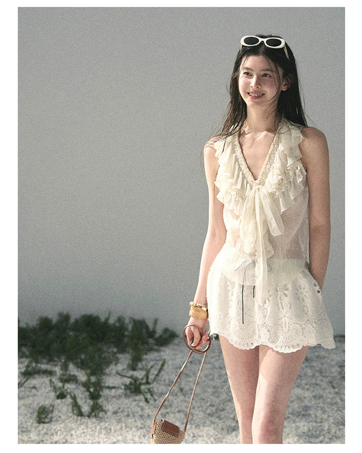 “Moonlight Through Sheer Veils” Ivory Ruffle Chiffon Blouse