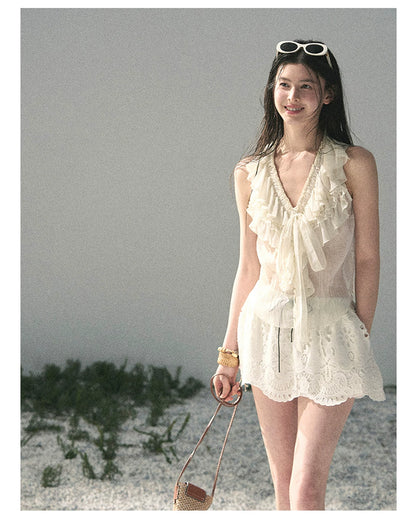 “Moonlight Through Sheer Veils” Ivory Ruffle Chiffon Blouse