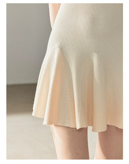"First Date" Ivory Square Neck Knit Pleated Mini Dress