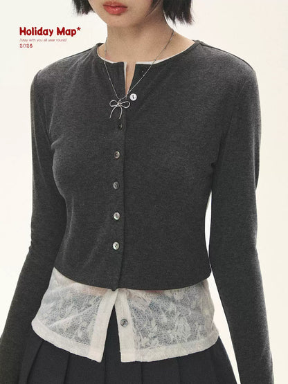 "Layered Blossom" Faux-Layer Knit Cardigan (Sakura Pink/ Heather Gray)