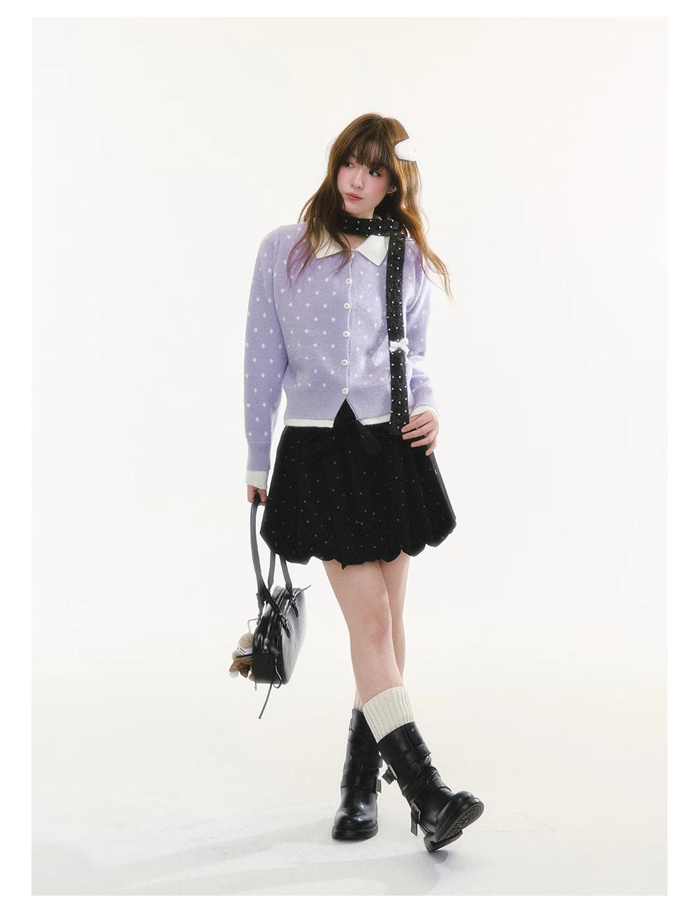 CREAMO2 - Polka Dot Knit Cardigan with Contrast Collar (Purple / Navy)