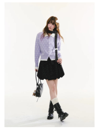 CREAMO2 - Polka Dot Knit Cardigan with Contrast Collar (Purple / Navy)
