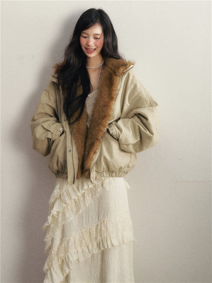 1P - Mint Green Detachable Faux Fur Cotton Padded Jacket