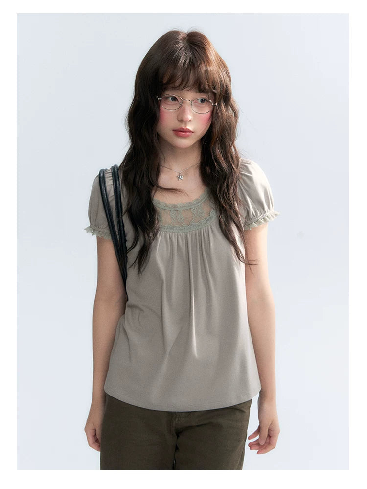 "Vintage Cream" Milk Gray Lace Trim Puff Sleeve T-Shirt