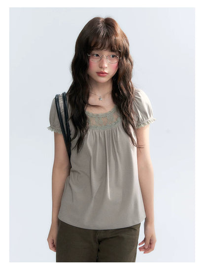 "Vintage Cream" Milk Gray Lace Trim Puff Sleeve T-Shirt
