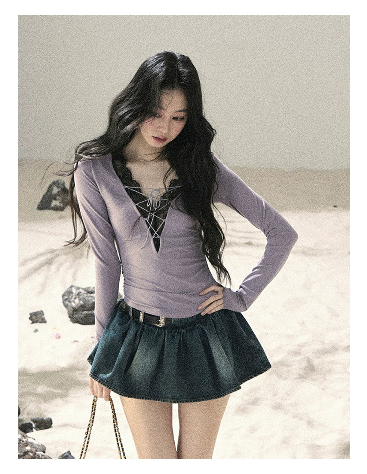 "Shimmer Across the Sea" Denim Bubble Skort (Rock Black/ Vintage Blue)
