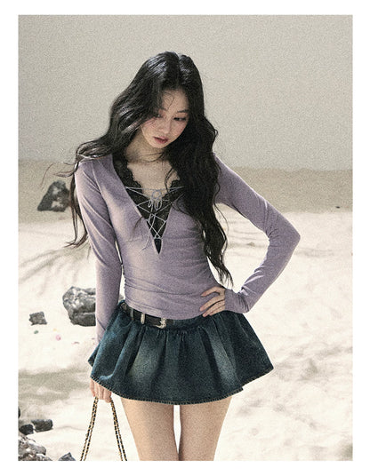 "Shimmer Across the Sea" Denim Bubble Skort (Rock Black/ Vintage Blue)