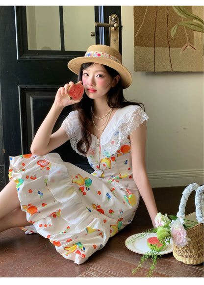“Honeyfruit Summer Breeze” Beige Printed Skirt Set