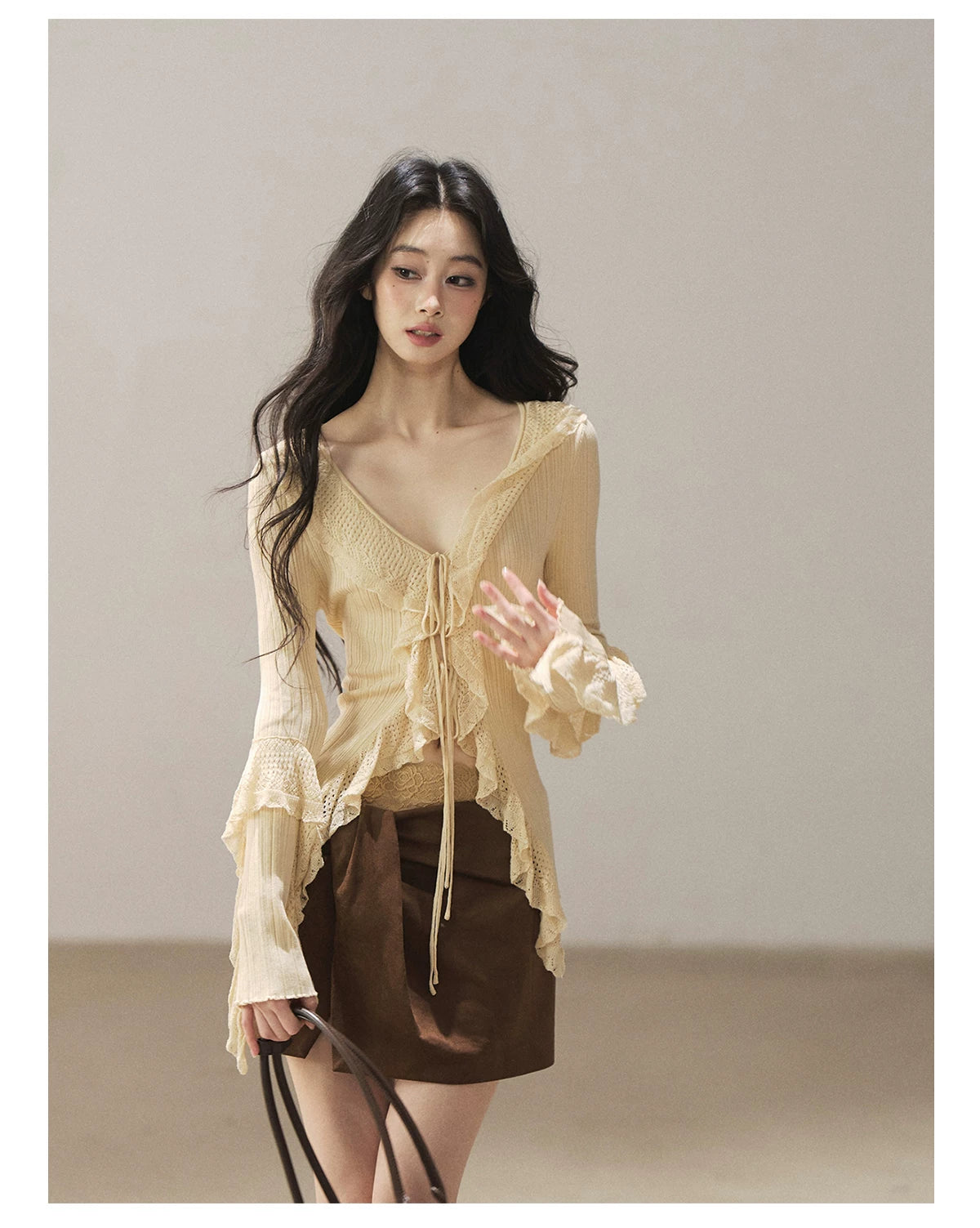 AOMALM - "The Gap of Light" Cheese Yellow Korean Ruffle Lace-Trim Knit Cardigan