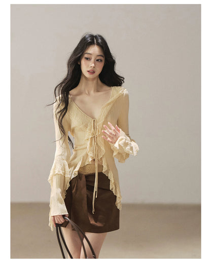 AOMALM - "The Gap of Light" Cheese Yellow Korean Ruffle Lace-Trim Knit Cardigan