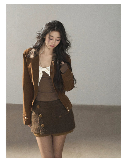 AOMALM - Gray Caramel Cropped Fitted Long Sleeve T-Shirt