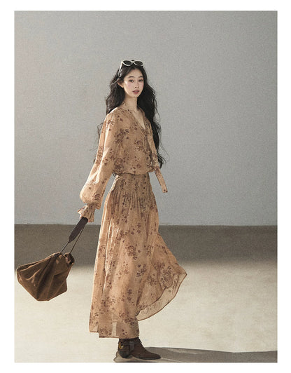 AOMALM - Oatmeal Rose-Print Chiffon Layered Maxi Dress Set