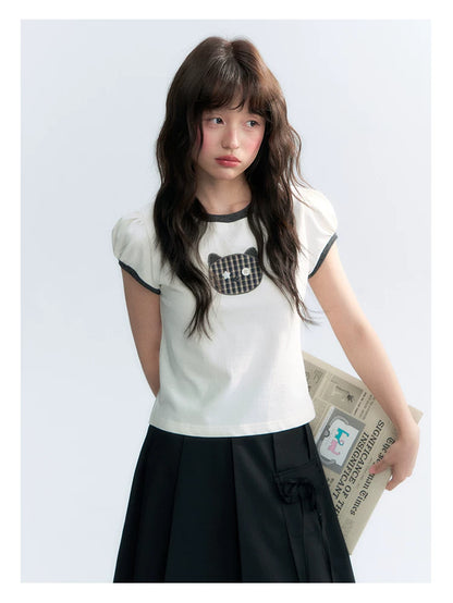 "Hide and Seek" Ivory Cat Patchwork Embroidered Puff Sleeve T-Shirt