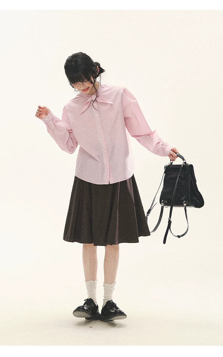 "Blush Poetry" Pink Stripe Cotton Bow Blouse