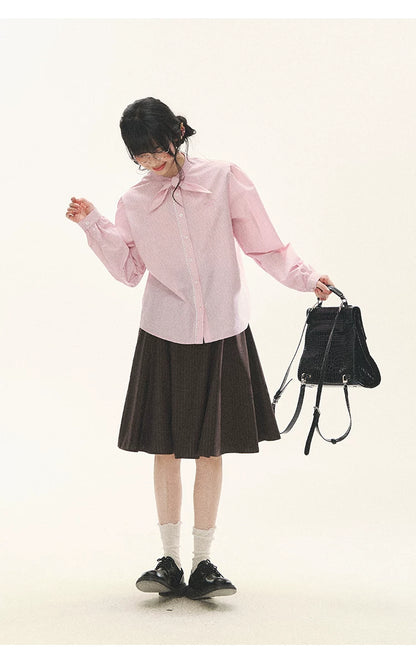 "Blush Poetry" Pink Stripe Cotton Bow Blouse