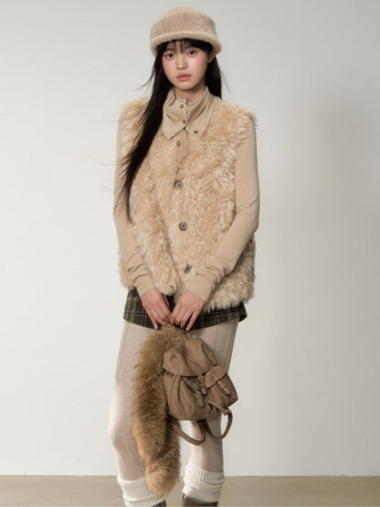Soote Season - Korean Amber Brown Curly Faux-Fur Vest
