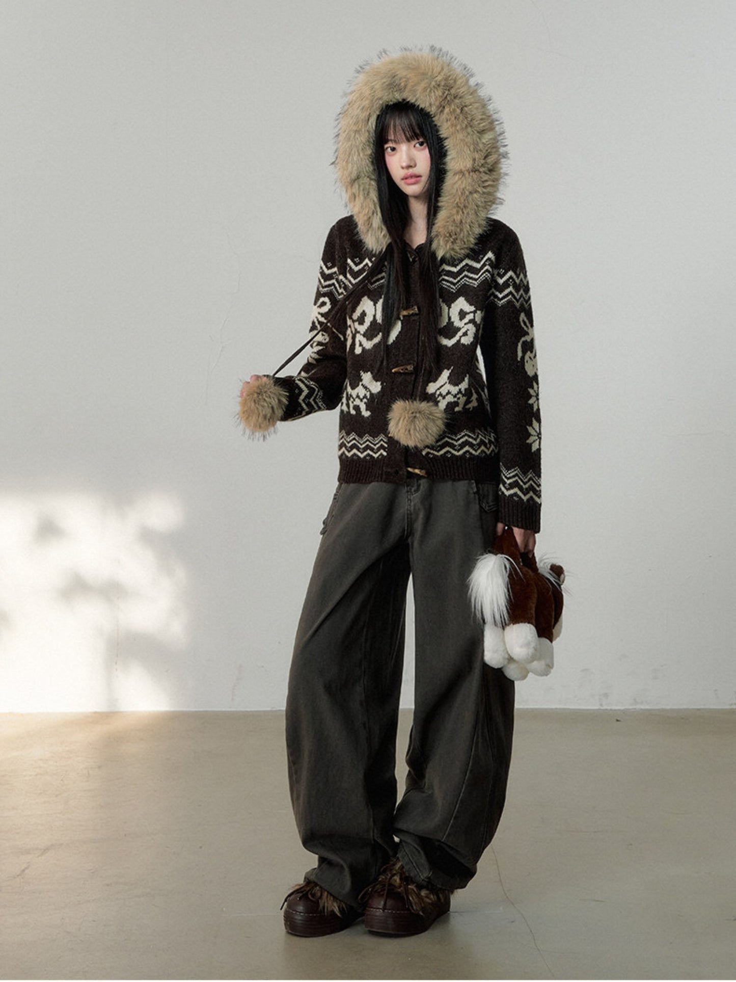 Soote Season - Fair Isle Cream Hooded Toggle Knit Jacket - Deep Roast Brown