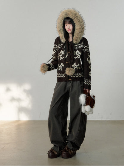 Soote Season - Fair Isle Cream Hooded Toggle Knit Jacket - Deep Roast Brown