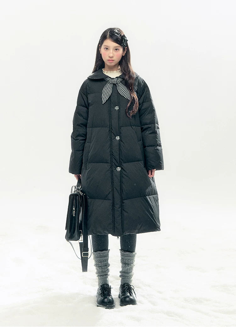 "Starry Night Little Witch" Black Long Down Coat with Detachable Bunny Bow Collar