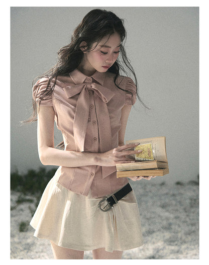 “Blush Confession” Ballet Pink Bow Puff Sleeve Blouse