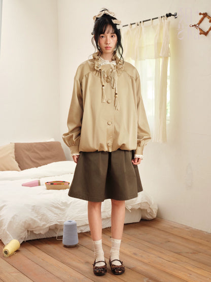 DAILY ARTIST - Champagne Ruffle Stand-Collar Drawstring Jacket