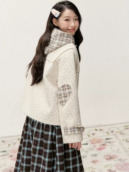 [RF] Floral Heather Beige Apricot Plaid-Trim Hooded Duffle Coat
